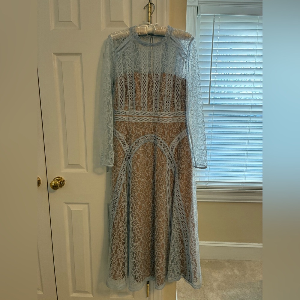 NWT Self-Portrait Blue Lace Panel Midi Dress, Size 8